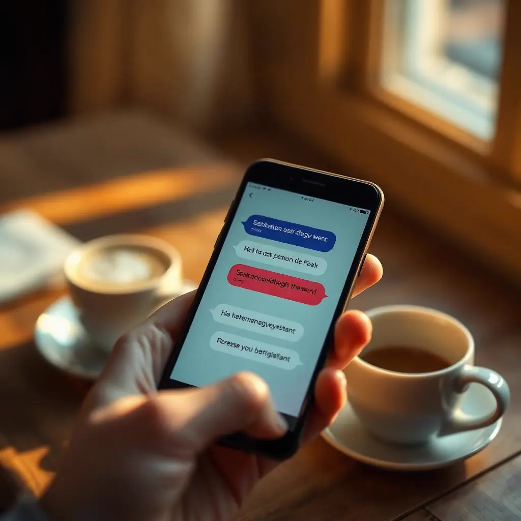 Kézben tartott telefon, amin egy meleg baráti beszélgetés látszik
